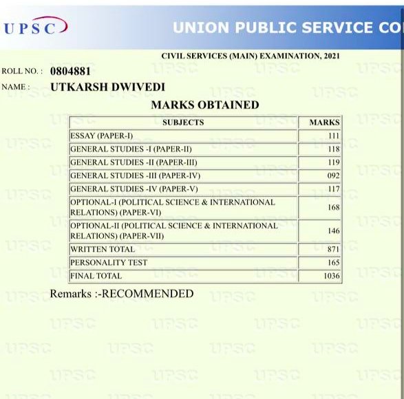 Utkarsh Dwivedi IAS Marksheet: UPSC Marks, PSIR Score & AIR 5